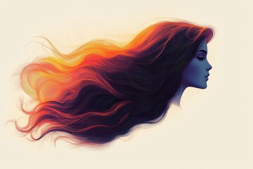 Colorful Artistic Illustration of a Woman's Profile with Long, Flowing, Multi-Colored Hair on a Subtle Gradient Background, Capturing Grace and Movement