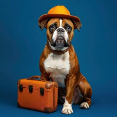 portrait of an American bulldog wearing a hat and holding a suitcase on a blue background. Generate AI