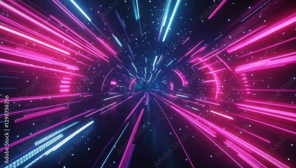Poster futuristic neon tunnel with vibrant colors illustrating light streaks in motion, creating a dynamic 
