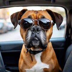 portrait of an American bulldog with glasses in the carю Generate AI