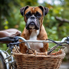 American bulldog sitting in a bicycle basket. Generate AI
