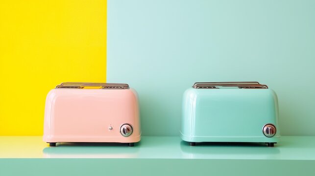 Vintage Style Toasters in Pastel Colors on Colorful Background