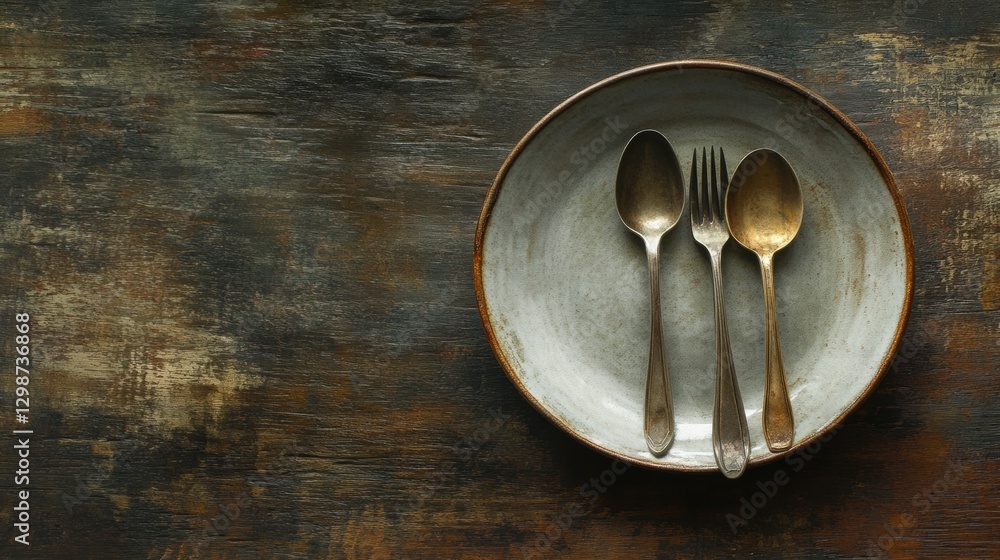Poster rustic table setting with vintage silverware arranged on a weathered wooden surface. generative ai