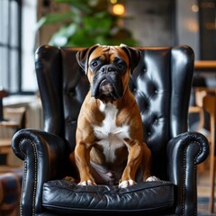 American bulldog sitting in a chair. Generate AI