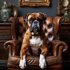 American bulldog sitting in a vintage chair. Generate AI