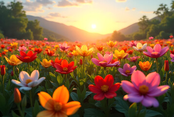 Obraz premium Radiant cosmos flowers blooming across countryside landscape, backlit by golden sunset casting dramatic shadows against mountainous horizon