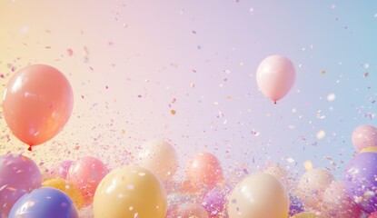 Fototapeta premium Colorful Balloons Floating in a Confetti Shower Against Sky