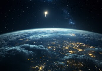 Fototapeta premium Earth View from Space with Atmospheric Clouds and Distant Moon