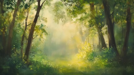 Fototapeta premium Forest landscape with sunlight filtering through trees, serene nature scene, lush greenery, tranquil woods, outdoor adventure, peaceful environment, natural serenity.