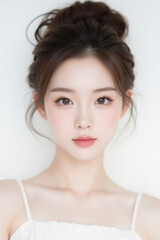 Fototapeta premium Female Asian Model with Short Hair - Young Beautiful Woman with Hair Bun - Studio Portrait of Asian Beauty for Fashion, Cosmetic, Skincare - Posing on White Background - Smooth Tied Hair