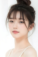 Female Asian Model with Short Hair - Young Beautiful Woman with Hair Bun - Studio Portrait of Asian Beauty for Fashion, Cosmetic, Skincare - Posing on White Background - Smooth Tied Hair