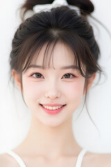 Female Asian Model with Short Hair - Young Beautiful Woman with Hair Bun - Studio Portrait of Asian Beauty for Fashion, Cosmetic, Skincare - Posing on White Background - Smooth Tied Hair