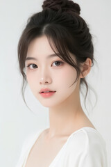 Female Asian Model with Short Hair - Young Beautiful Woman with Hair Bun - Studio Portrait of Asian Beauty for Fashion, Cosmetic, Skincare - Posing on White Background - Smooth Tied Hair