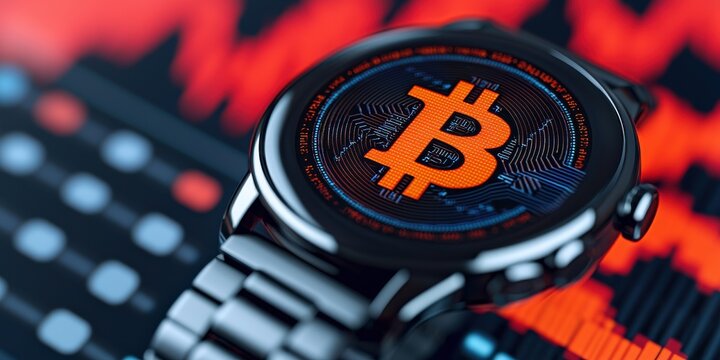 Smartwatch displaying Bitcoin symbol on a digital background. - Powered by Adobe