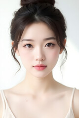 Fototapeta premium Female Asian Model with Short Hair - Young Beautiful Woman with Hair Bun - Studio Portrait of Asian Beauty for Fashion, Cosmetic, Skincare - Posing on White Background - Smooth Tied Hair