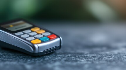 Payment terminal on a counter surface with colorful buttons.