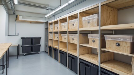 Organized Storage Space with Shelves and Containers