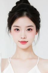 Female Asian Model with Short Hair - Young Beautiful Woman with Hair Bun - Studio Portrait of Asian Beauty for Fashion, Cosmetic, Skincare - Posing on White Background - Smooth Tied Hair