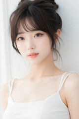 Female Asian Model with Short Hair - Young Beautiful Woman with Hair Bun - Studio Portrait of Asian Beauty for Fashion, Cosmetic, Skincare - Posing on White Background - Smooth Tied Hair