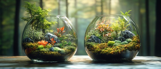 Bricolage gardening in glass vases with plants