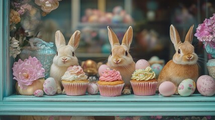 Exquisite Easter Window Display with Adorable Bunnies, Cupcakes, and Pastel Eggs, Close-Up, Photorealistic, Hyper-Realistic, High-Resolution Photography
