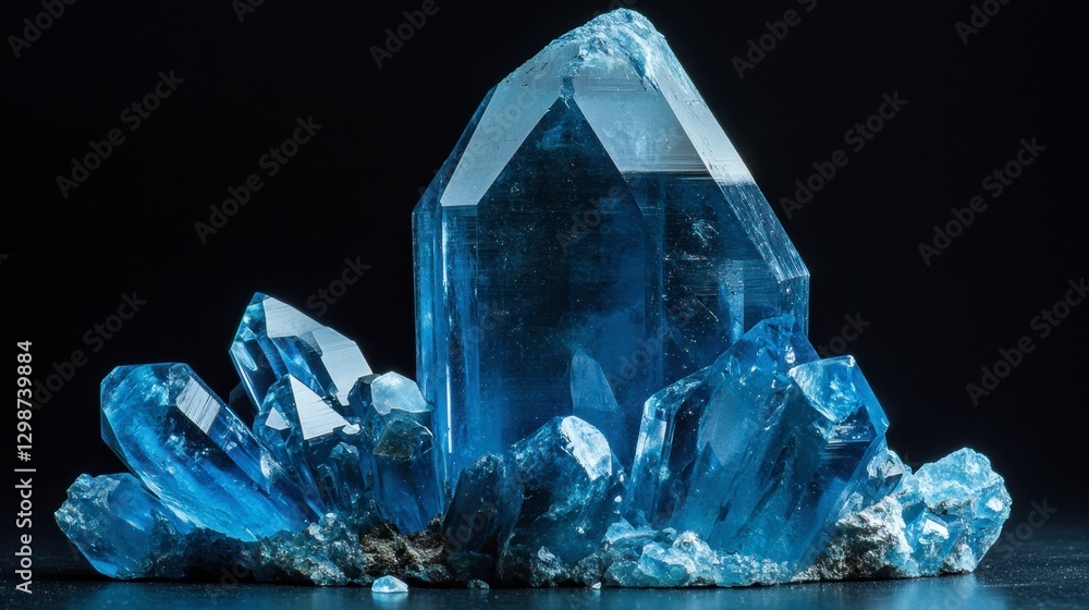 Poster blue crystal with sharp edges and intricate facets on black background