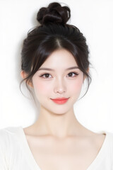 Female Asian Model with Short Hair - Young Beautiful Woman with Hair Bun - Studio Portrait of Asian Beauty for Fashion, Cosmetic, Skincare - Posing on White Background - Smooth Tied Hair