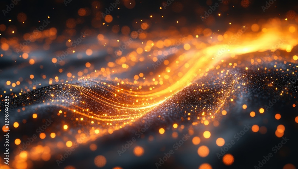 Poster glittering abstract background with sparkling orange lights and waves creating a dreamy and enchanti