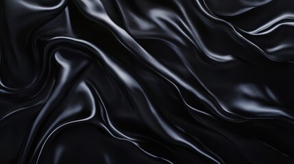 Obraz premium Black satin fabric close-up with smooth texture and elegant drape, ideal for fashion design, textile industry, background, and interior decoration.