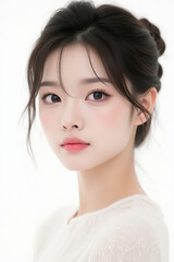 Fototapeta premium Female Asian Model with Short Hair - Young Beautiful Woman with Hair Bun - Studio Portrait of Asian Beauty for Fashion, Cosmetic, Skincare - Posing on White Background - Smooth Tied Hair