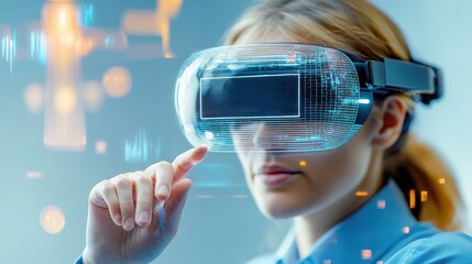 Woman using virtual reality headset with digital interface overlay.