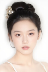 Female Asian Model with Short Hair - Young Beautiful Woman with Hair Bun - Studio Portrait of Asian Beauty for Fashion, Cosmetic, Skincare - Posing on White Background - Smooth Tied Hair
