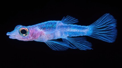 Fototapeta premium Translucent larval fish glowing with blue and pink fluorescence against a black background.