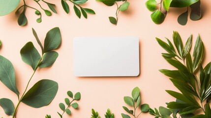Naklejka premium Minimalist Flat Lay with Blank Card and Fresh Green Leaves