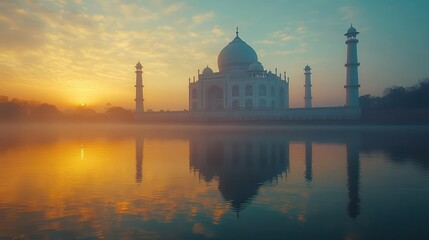 A scenic shot of the Taj Mahal at sunrise, reflecting in the water, Travel destinations, Majestic and serene