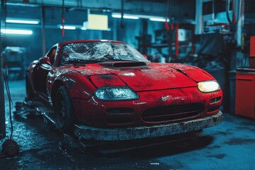 Obraz premium In a shadowy auto repair shop, a worn red sports car sits elevated on a hydraulic lift, displaying visible damage as it awaits restoration.