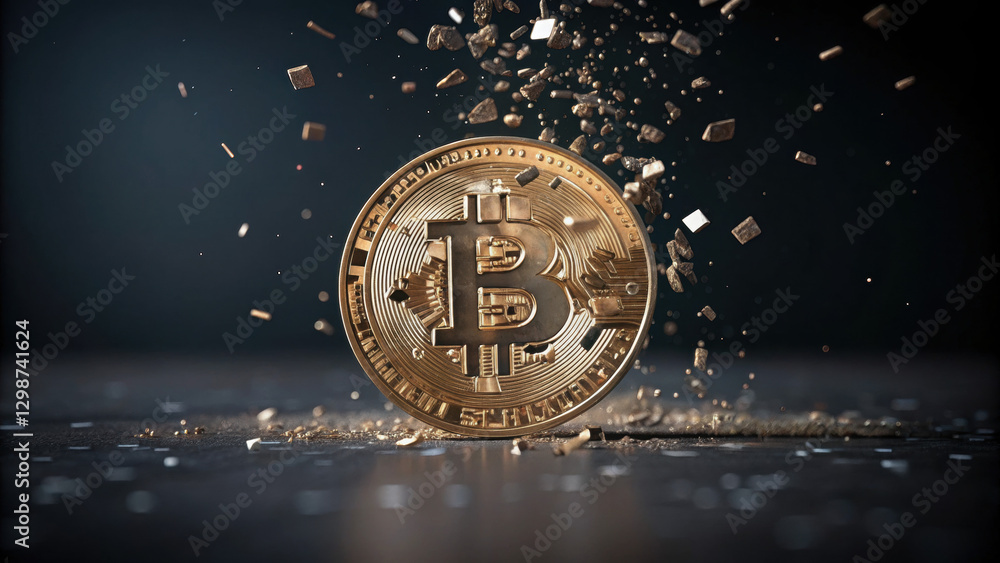 Poster bitcoin crash, crypto price drop sell-off. a bitcoin coin surrounded by sparkling particles on a dar