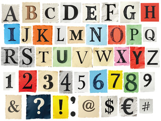 Collage of uppercase letters, numbers, and symbols on magazine-textured paper with colored backgrounds.