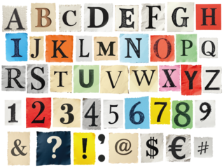 Collage of uppercase letters, numbers, and symbols on magazine-textured paper with colored backgrounds.