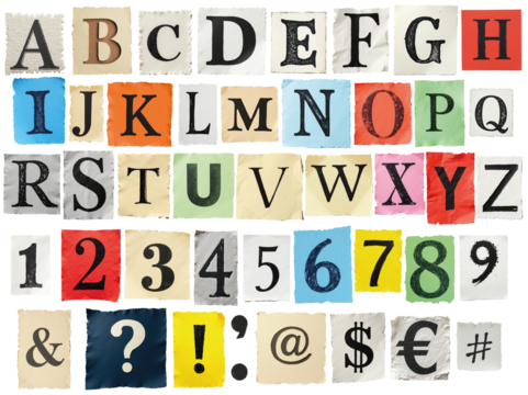 Collage of uppercase letters, numbers, and symbols on magazine-textured paper with colored backgrounds.