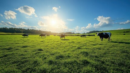 Cattle graze peacefully on sunny meadow with blue skies and distant hills on the horizon