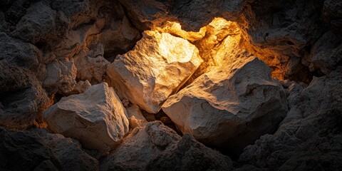 Textures of mountain rock illuminated by warm golden light. Generative AI