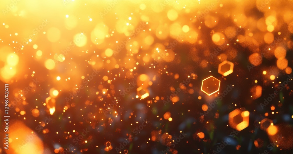 Poster Glowing Particles in Golden Light with Soft Bokeh Effect Creating a Dreamy and Enchanting Atmosphere for Background or Creative Projects