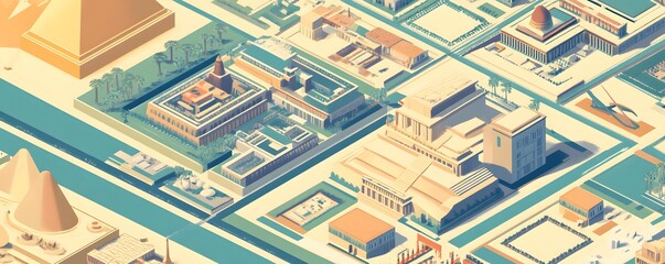 Aerial isometric illustration depicting ancient egyptian urban city landscape