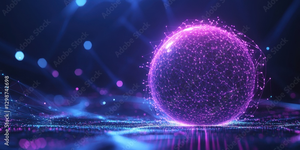 Poster glowing purple sphere surrounded by illuminated particles and lines in a futuristic digital environm