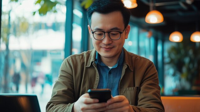 Asian young man freelancer use modern gadget. Guy chatting mobile cell phone. Carefree male person connect social media at cowork cafe. Smartphone communication. Person type sms, freelance work.
