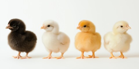 Fototapeta premium Four baby chicks standing in a row. The chicks are of different colors, with one being black, one being white, and two being yellow