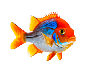 Beautiful single colorful tropical fish with orange face and blue scale isolated on transparent background.
