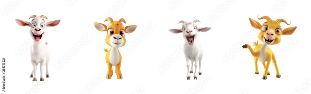 Poster four animated goats in various poses with lively expressions and distinct personalities