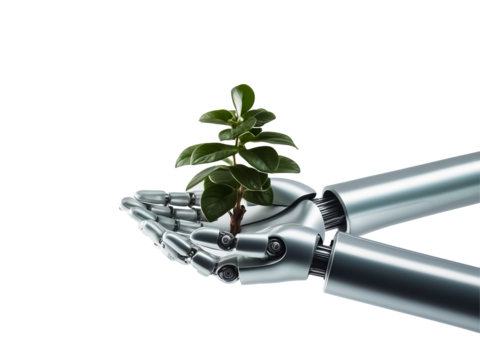 Robitic hands holding a green young plant  isolated on transparent background.